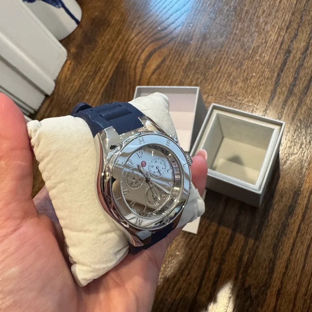 Michele Silver-Tone Case Watch with Black Strap